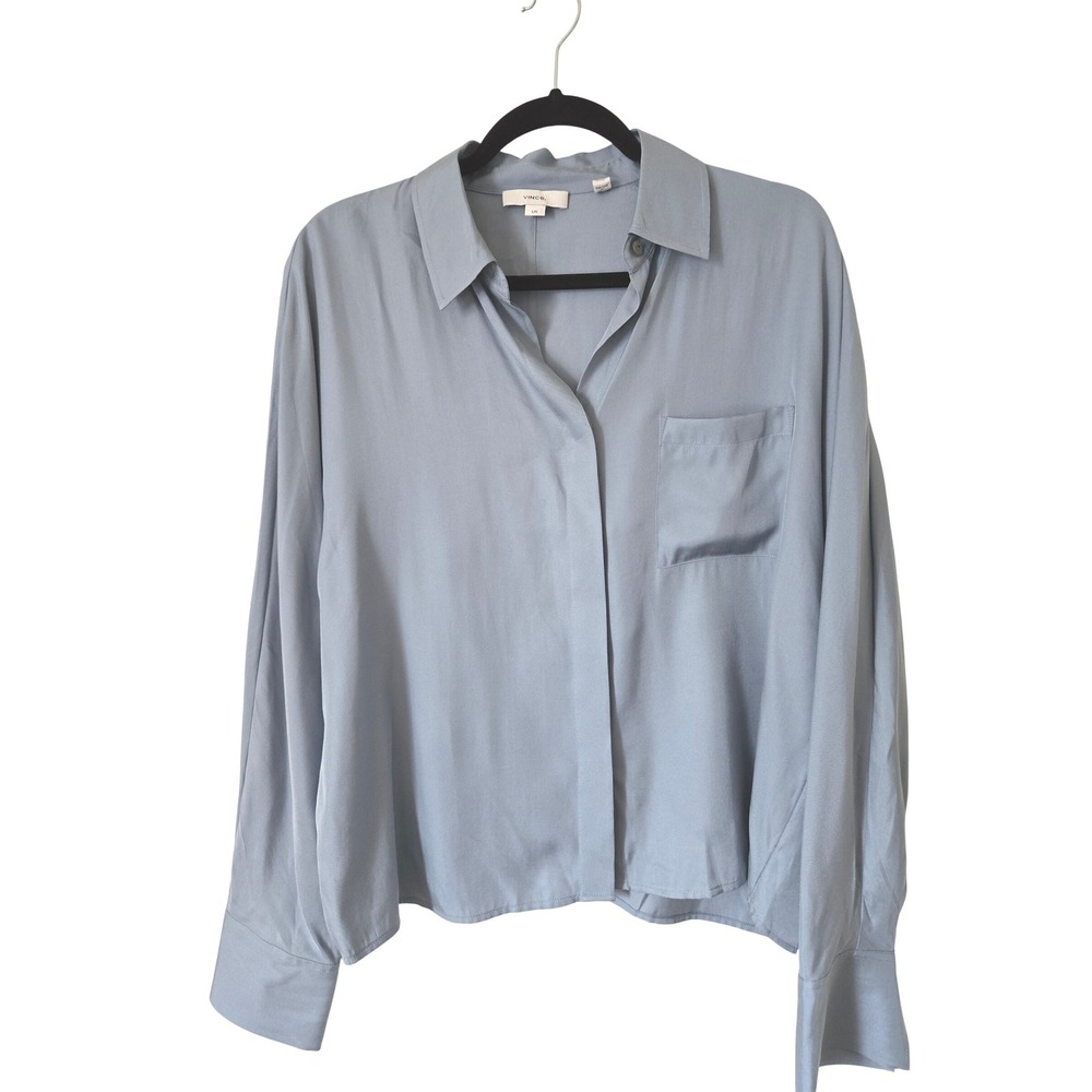 Vince Womens Large Silk Rayon Blouse Blue Long Sleeve Pocket Button Down Satin